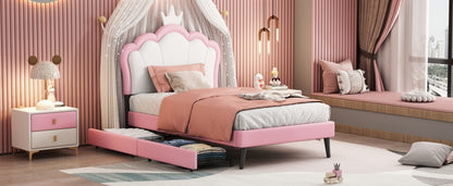 Twin Size Upholstered Princess Bed With Crown Headboard and 2 Drawers,Twin  Size Platform Bed with Headboard and Footboard,White+Pink