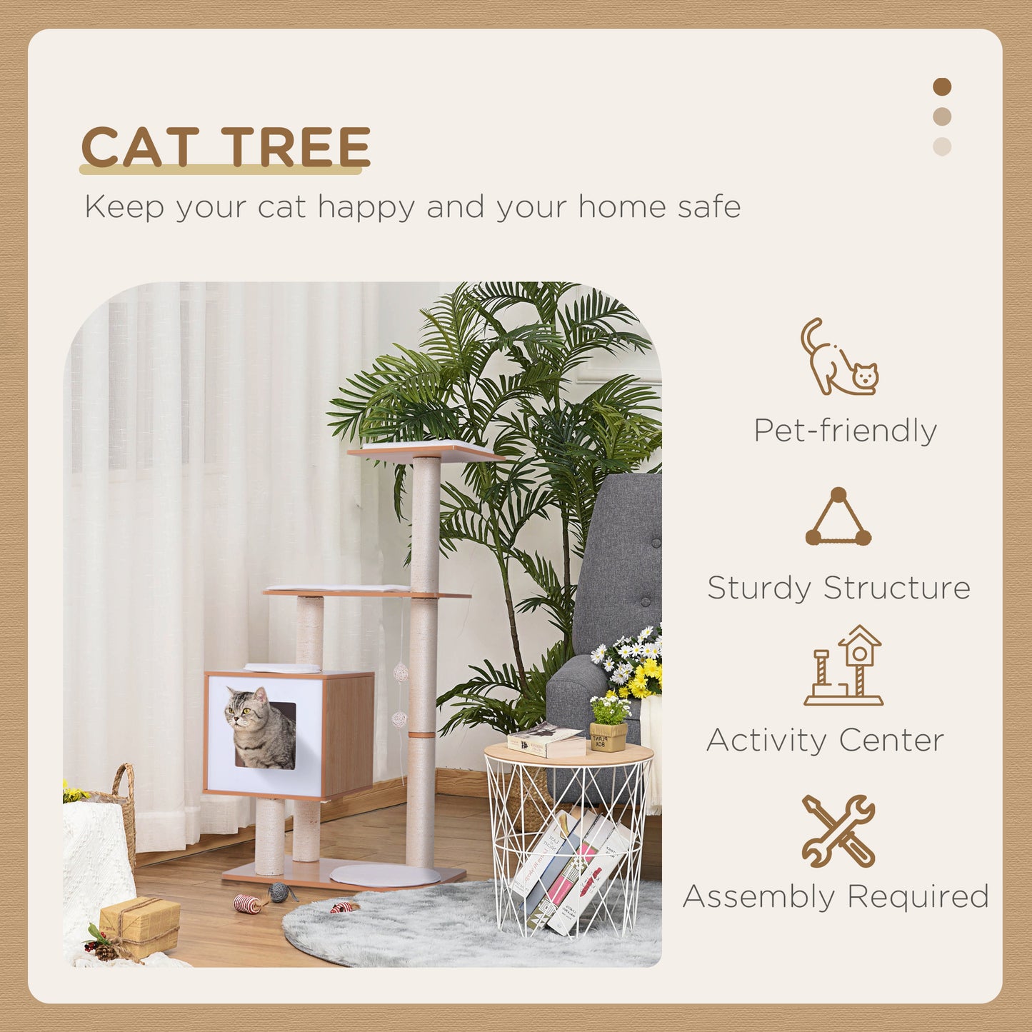 PawHut 47” Modern Cat Tree Multi-Level Scratching Post With Cube Cave Enclosure - Oak Wood and White