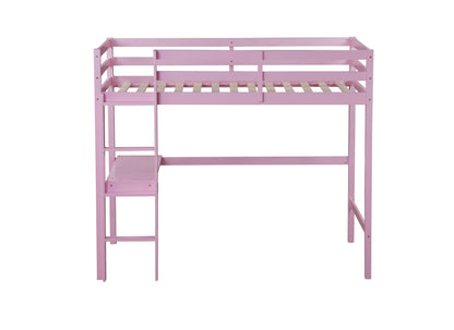 Twin High Loft Bed, Rubber Wood  Loft Bed with Safety Guardrail, built-in desk, ladder,Pink