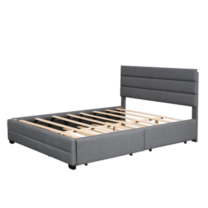 Queen Upholstered Platform Bed with Twin Size Trundle and Two Drawers,Grey