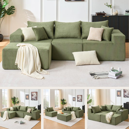 4-Piece Modular L-Shaped Sectional Sofa, No Assembly Needed, Convertible Couch with Spacious Chaise Lounge, Premium Corduroy Upholstery, Flexible Layout for Living Room or Apartme,Green