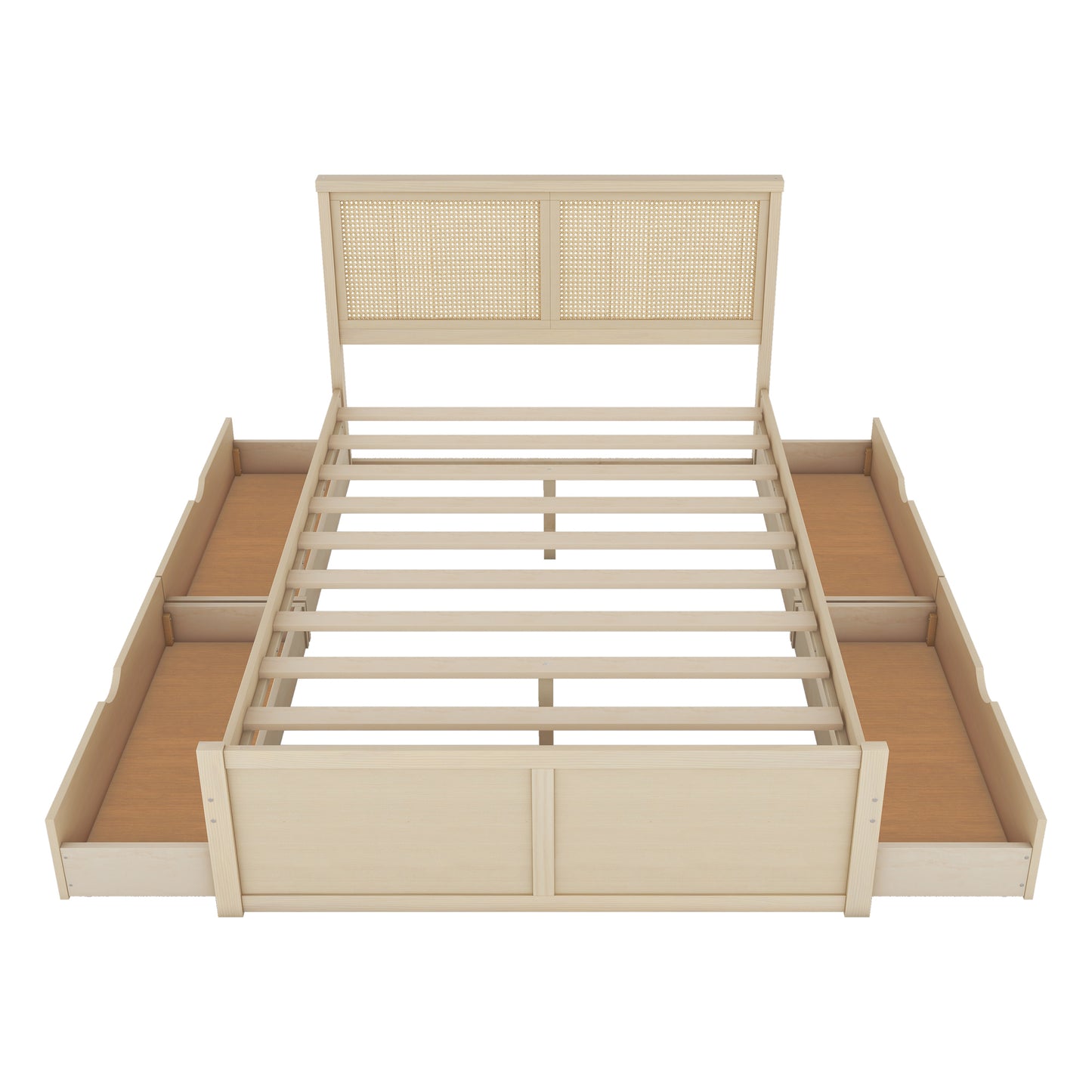 Queen Size Wood Storage Platform Bed with 4 Drawers, Rattan Headboard, Nature