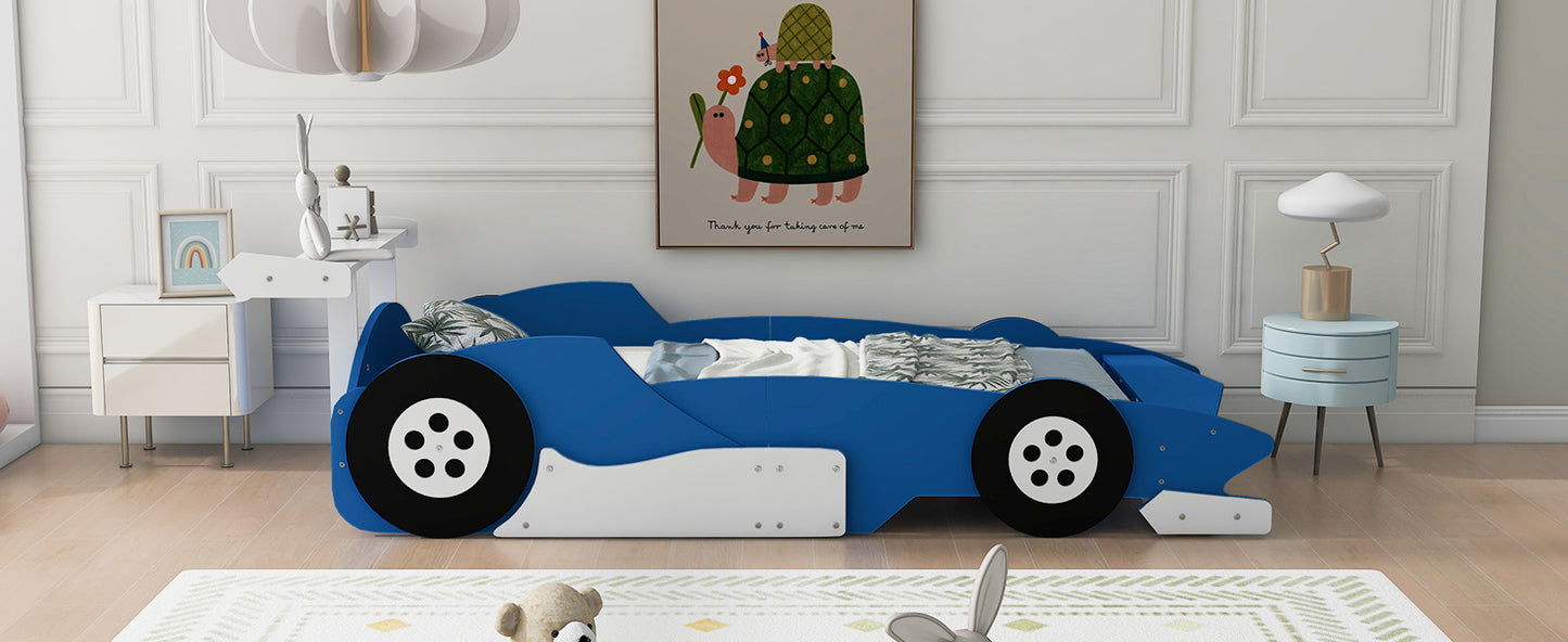 Twin Size Race Car-Shaped Platform Bed with Wheels,Blue