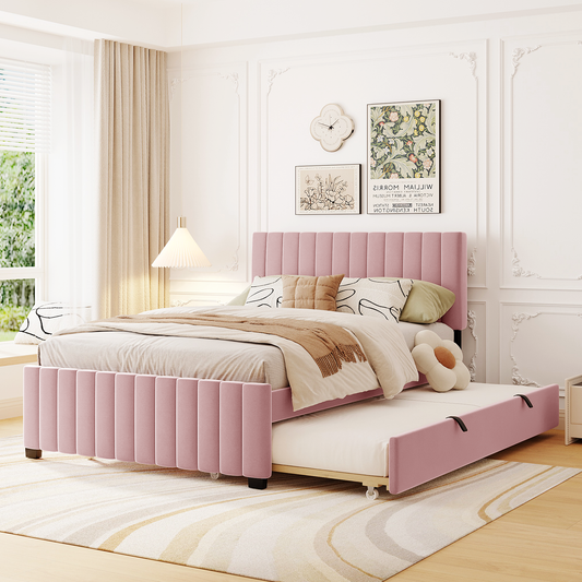 Full Size Velvet Upholstered Platform Bed with Twin Size Trundle, Pink