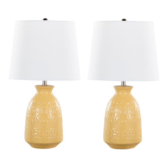 Claudia 20" Contemporary Ceramic Accent Lamp in Misted Yellow Ceramic, Polished Nickel Accents and White Linen Shade from Grandview Gallery by LumiSource - Set of 2