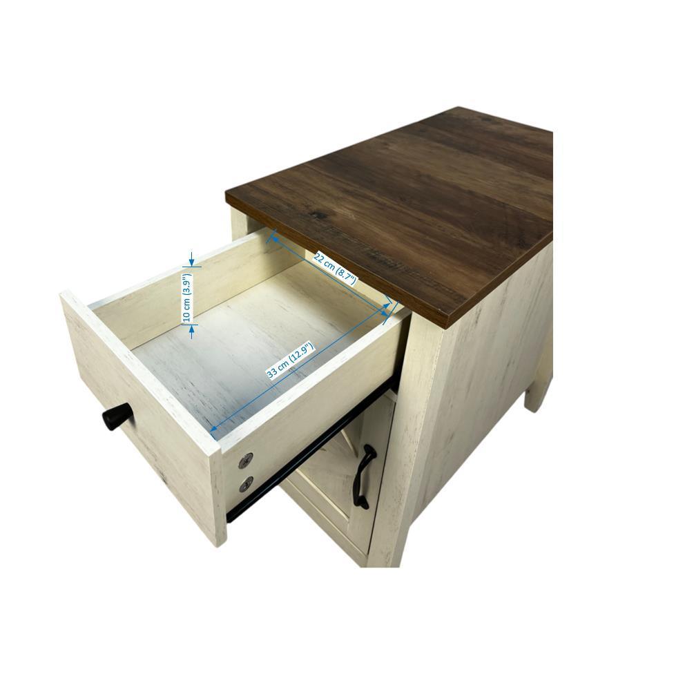 Farmhouse End Table with Charging Station,Night Stand with Barn Door and Drawer, Storage for Bedroom Living Room ,Bedside Table,  Bedside Table Brown+white color