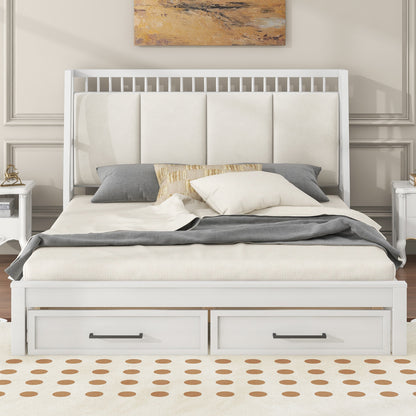 Queen Size Wood Platform Bed with Upholstered Headboard and 2 Drawers, Antique White