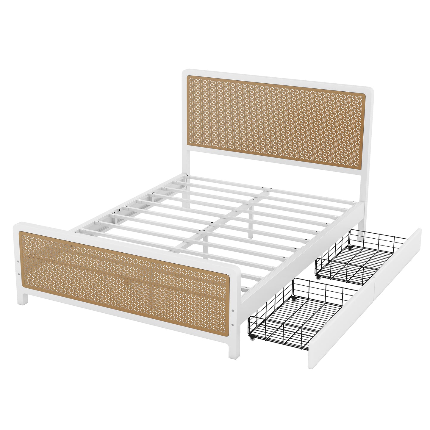 Queen Size Metal Platform Bed with 2 Drawers, White