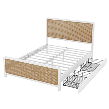 Queen Size Metal Platform Bed with 2 Drawers, White