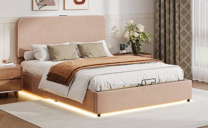 Upholstered Platform Full Size Hydraulic Storage Bed, Lift Up Storage Bed with RGB LED Light, Bluetooth Speaker, No Box Spring Needed, Lychee Velvet,Pink