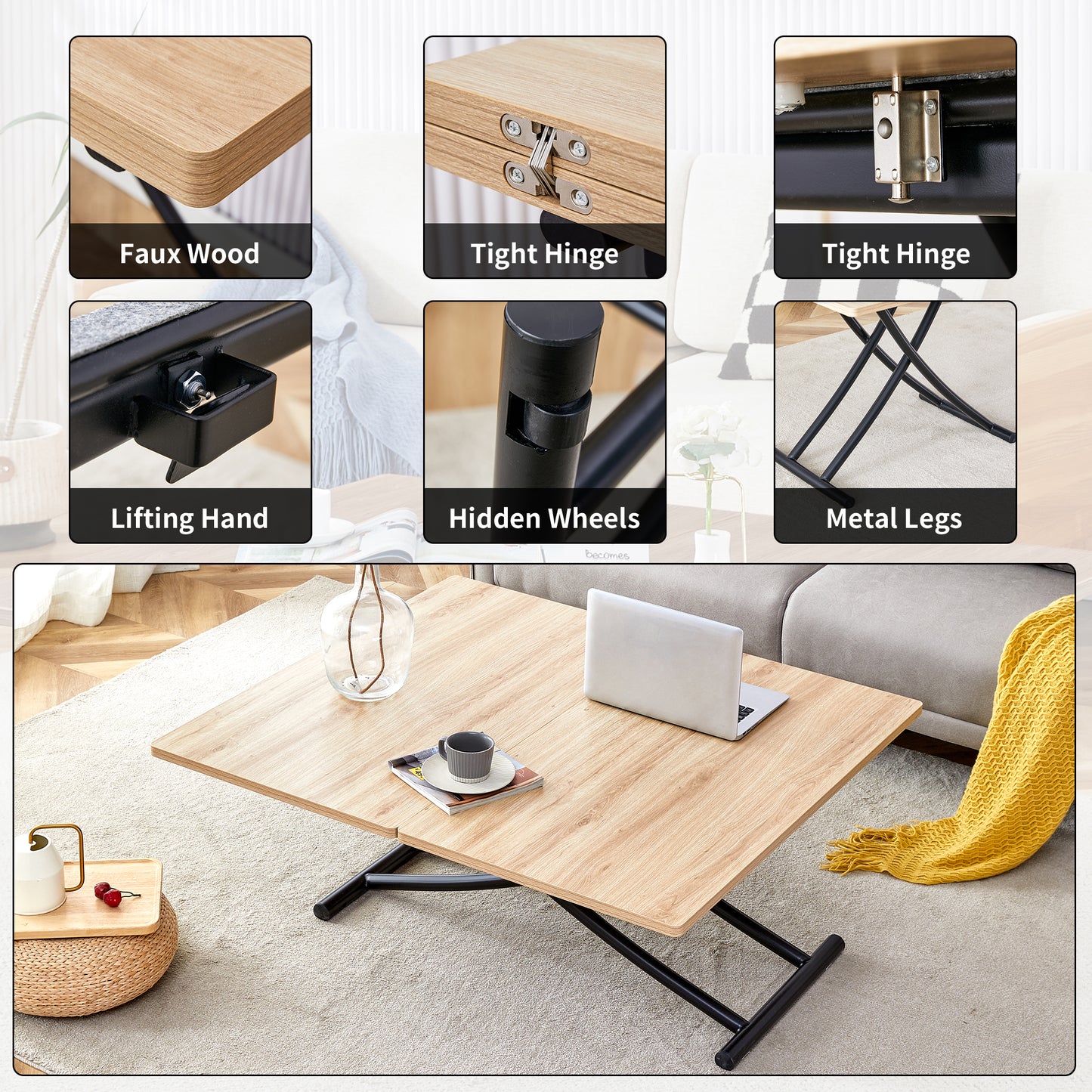 Modern minimalist multifunctional lift table with 0.8-inch MFC tabletop and black metal legs, can be used as dressing table, coffee table, dining table, and office desk.  LT-10055