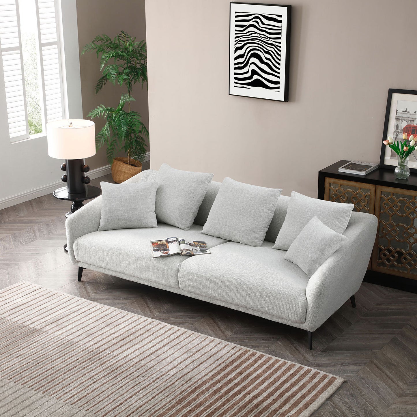 Modern Fabric Upholstered Sofa with Three Cushions, 2 Pillows, Light Grey