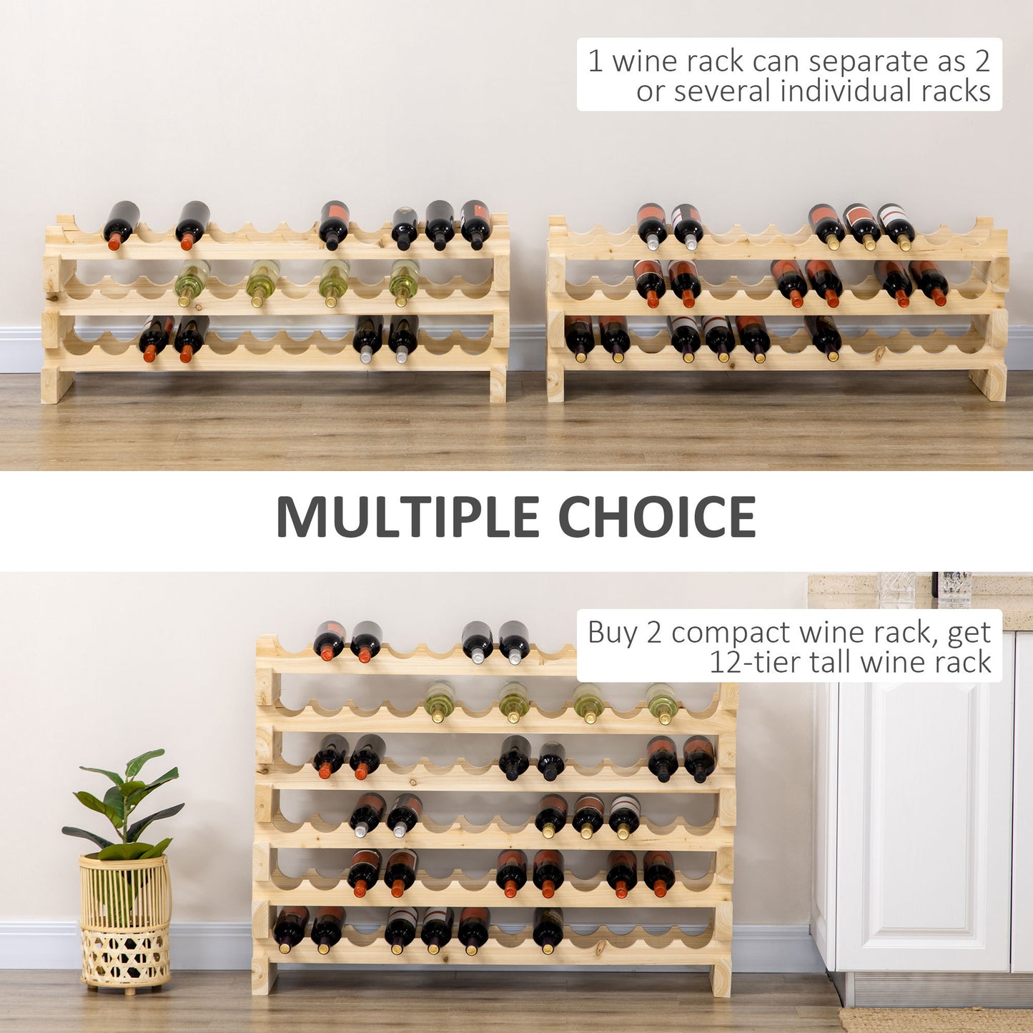 Stackable Wine Rack, Modular Storage Shelves, 72-Bottle Holder, Freestanding Display Rack for Kitchen, Pantry, Cellar, Natural