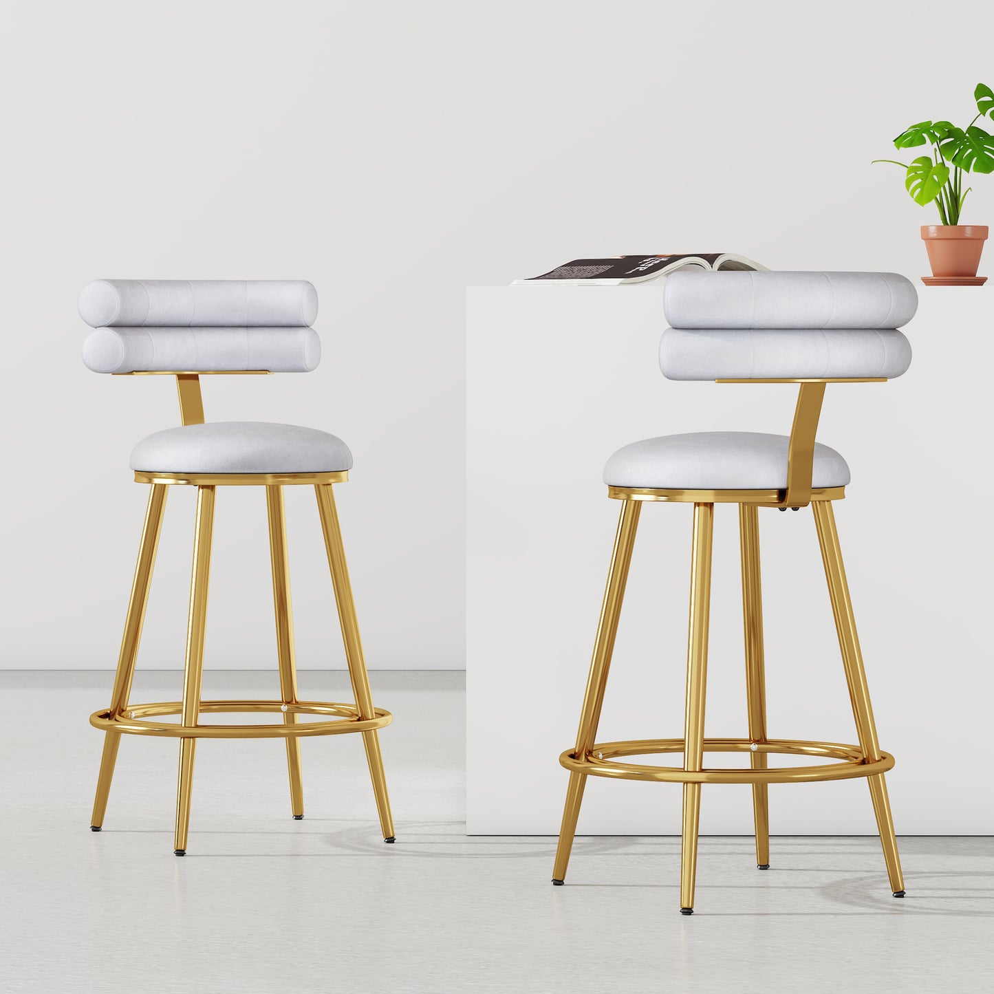 27.65'' Modern Counter Stools Set of 2,Light gray velvet Counter Stools with iron Frame,Soft back and cushion,Footrest,suitable for Kitchen/Bedroom/Dining Room