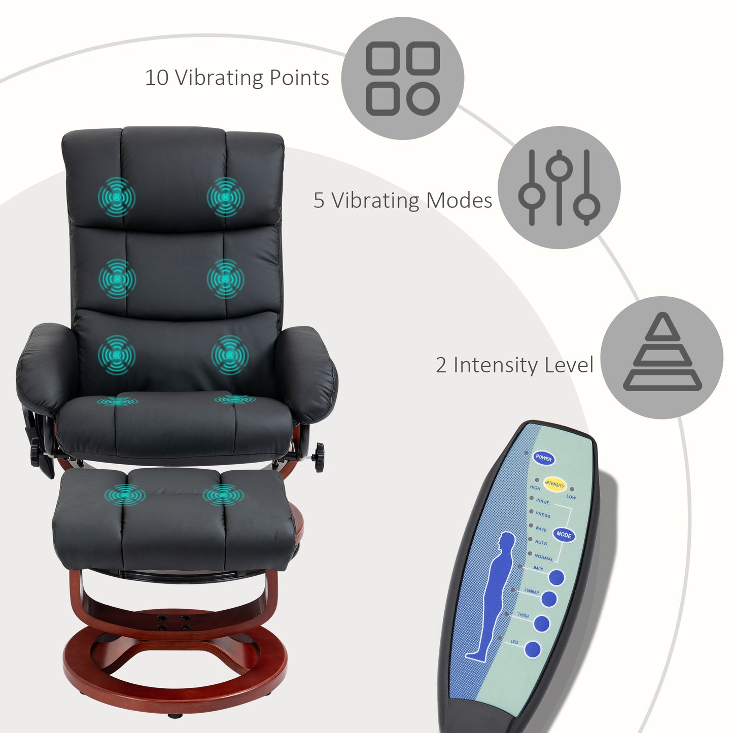 HOMCOM Massage Recliner Chair with Ottoman, Swivel Recliner and Footrest, Faux Leather Reclining Chair with Remote Control, 10 Vibration Points and Side Pocket, Black