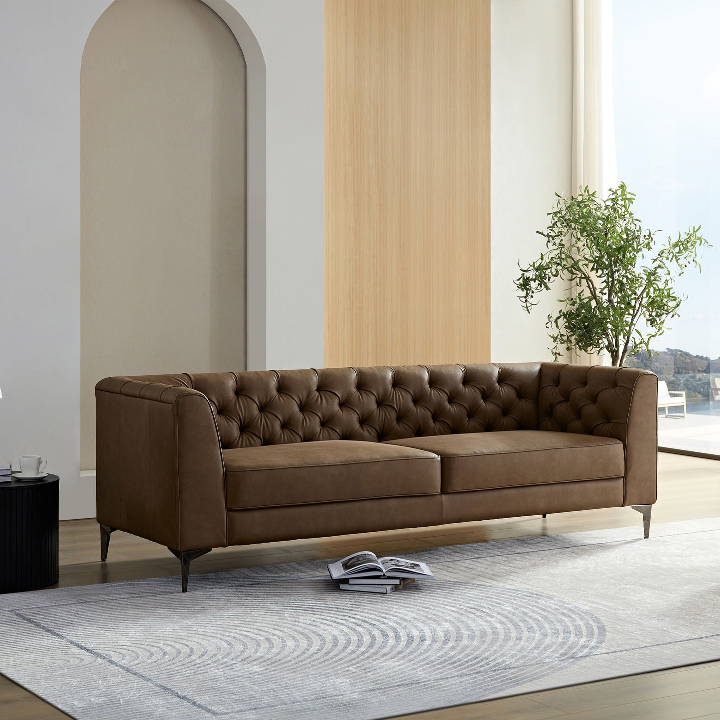 WKS5B brown leather sofa with iron feet, retro design