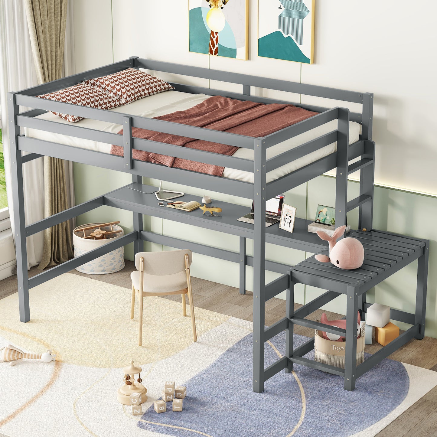 Full Size High Loft Bed with Built-in Desk, Ladder Platform, Ladders, Guardrails ,Grey