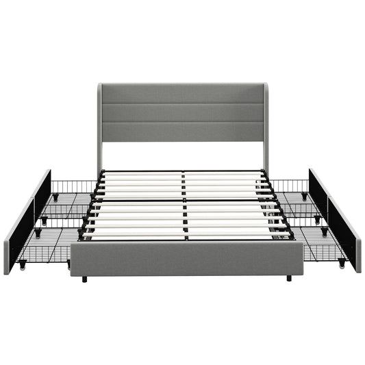 HOMCOM Queen Bed Frame with Headboard, Upholstered Platform Bed Frame with Storage Drawers, Wood Slats, Noise-Free, and Easy Assembly, No Box Spring Needed, Light Gray