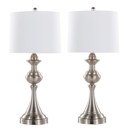 Montgomery 29" Contemporary Metal Table Lamp in Brushed Nickel with White Linen Shade and Built-in USB Port from Grandview Gallery by LumiSource - Set of 2