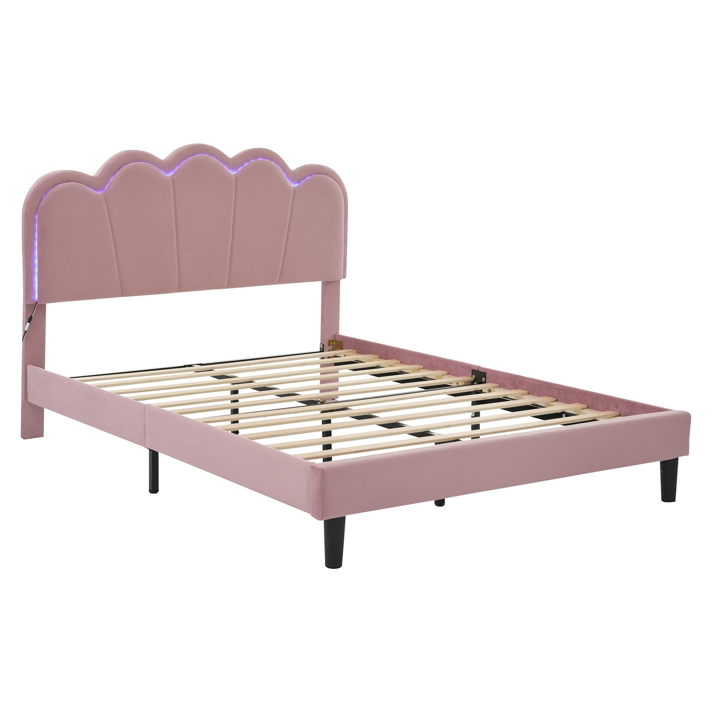 Queen Upholstered Smart LED Bed Frame with Elegant Flowers Headboard,Floating Velvet Platform LED Bed with Wooden Slats Support,Pink