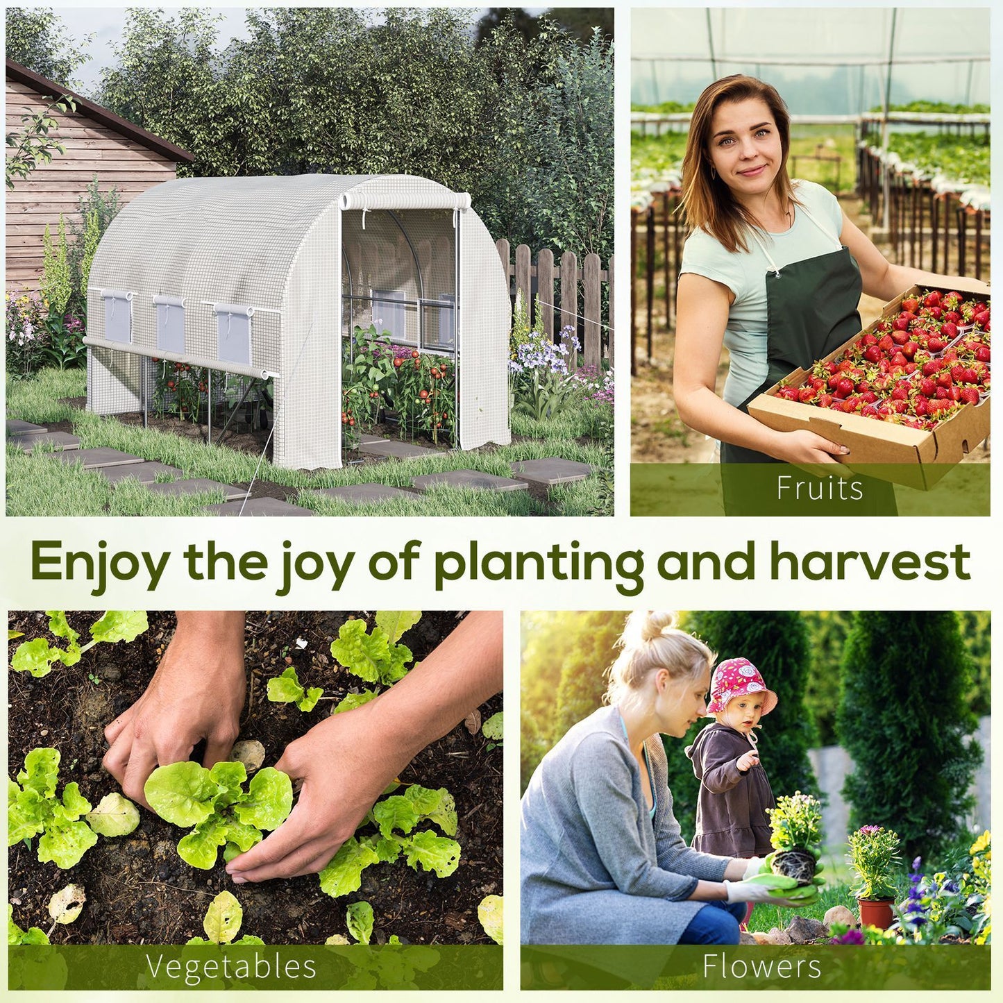 Outsunny 10' x 7' x 7' Walk-in Tunnel Greenhouse, Outdoor Green House with Anti-Tear PE Cover, Zipper Doors and Mesh Windows, White