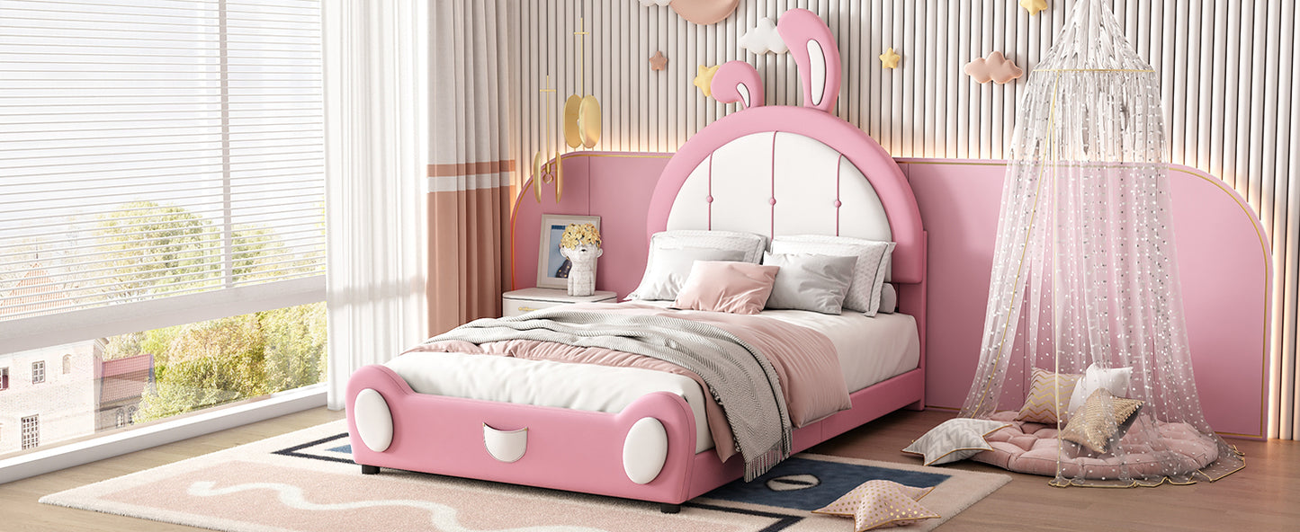 Twin Size Upholstered Platform Bed with Rabbit Shaped Headboard, Pink