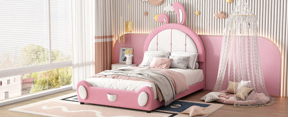 Twin Size Upholstered Platform Bed with Rabbit Shaped Headboard, Pink