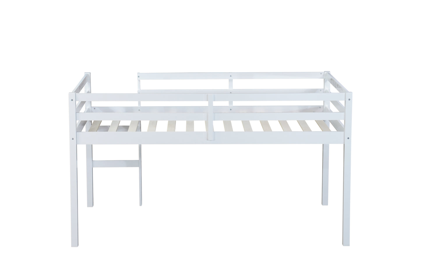 Solid Wooden, Rubber Wooden Twin Loft Bed with Ladder, Bed Platform of Strengthened Slats , White