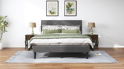 Queen Size Bed Frame with Storage Headboard, Metal Platform Bed No Noise, Mattress Foundation Strong Metal Slats Support No Box Spring Needed