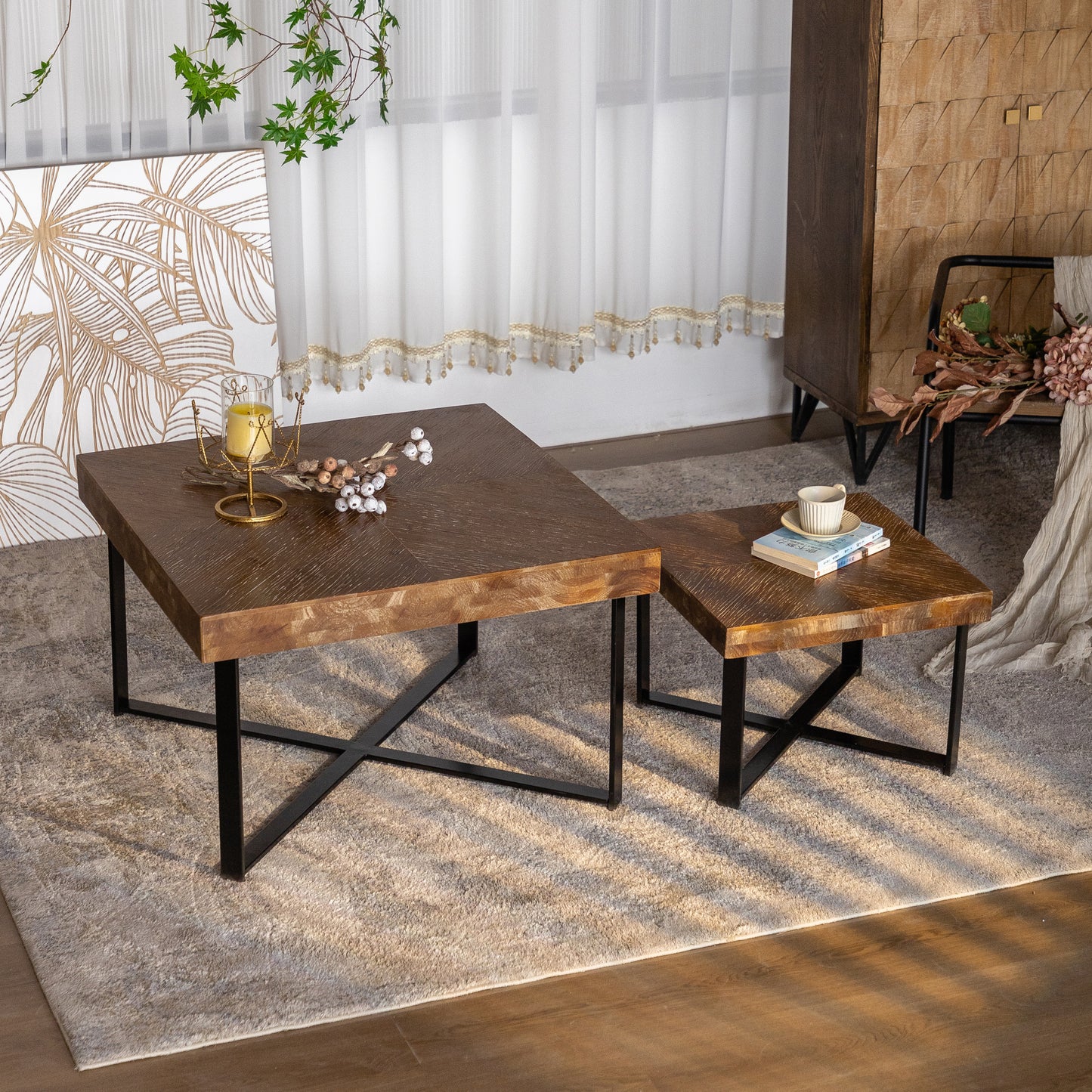 31.3"Modern Retro Splicing Square Coffee Table , Fir Wood Table Top with Cross Legs Metal Base (Set of 2 pcs )