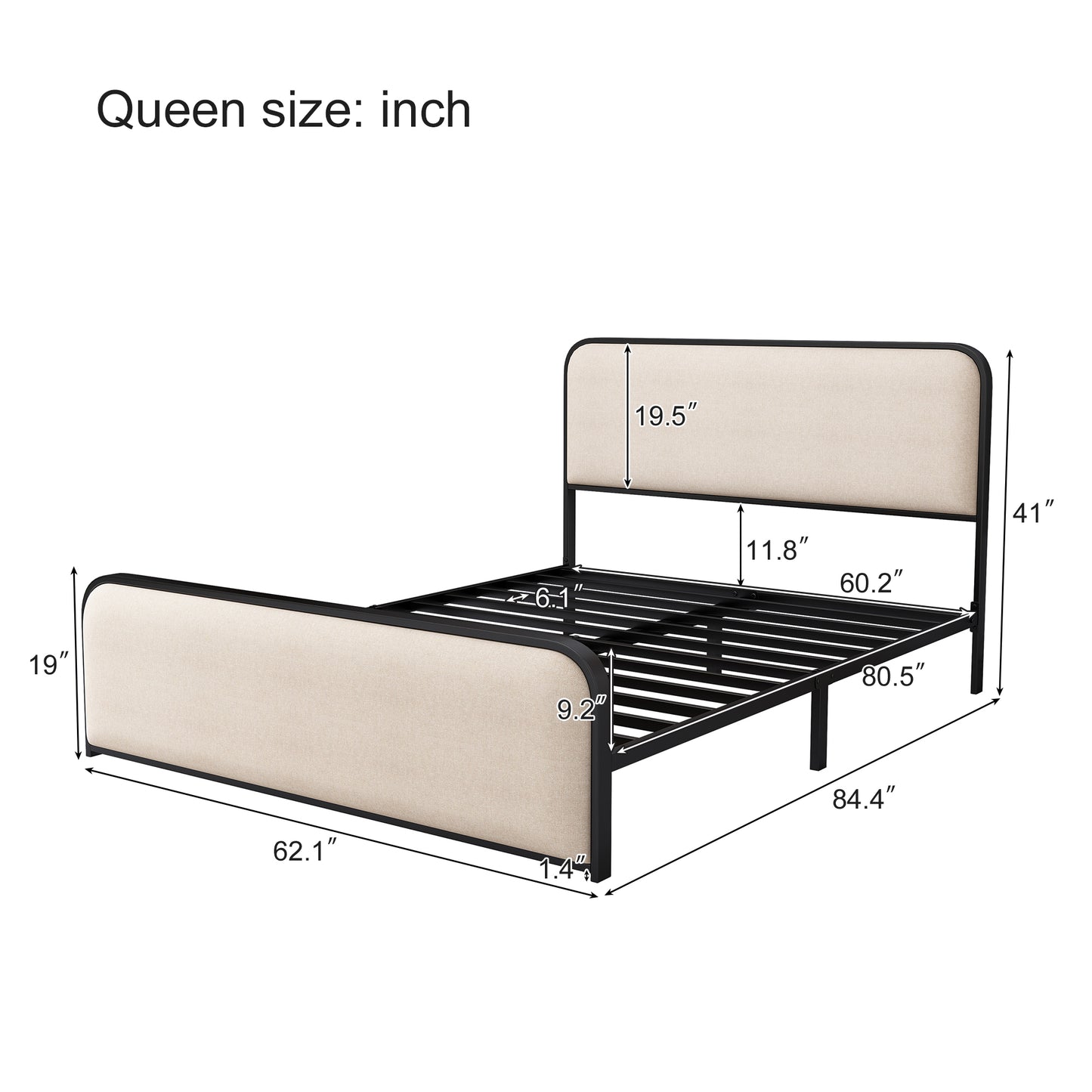 Modern Metal Bed Frame with Curved Upholstered Headboard and Footboard Bed with Under Bed Storage, Heavy Duty Metal Slats, Queen Size, Beige