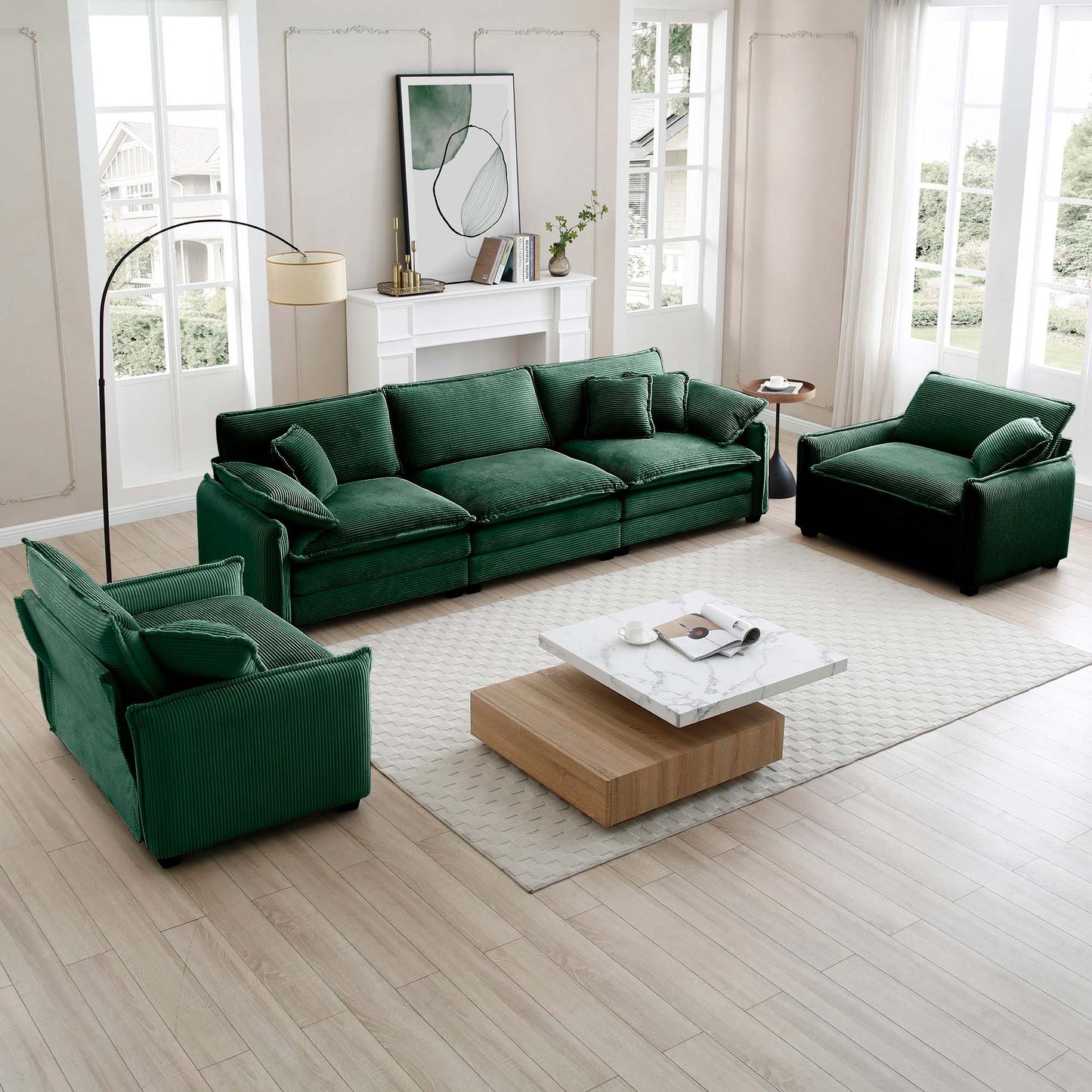 Warm and Cozy Sofa Set with Soft Cushions and Pillows, Home Theater Style Sofa Set Consisting of a 3-Seater Sofa and Two Single Sofas inGreen Corduroy Fabric