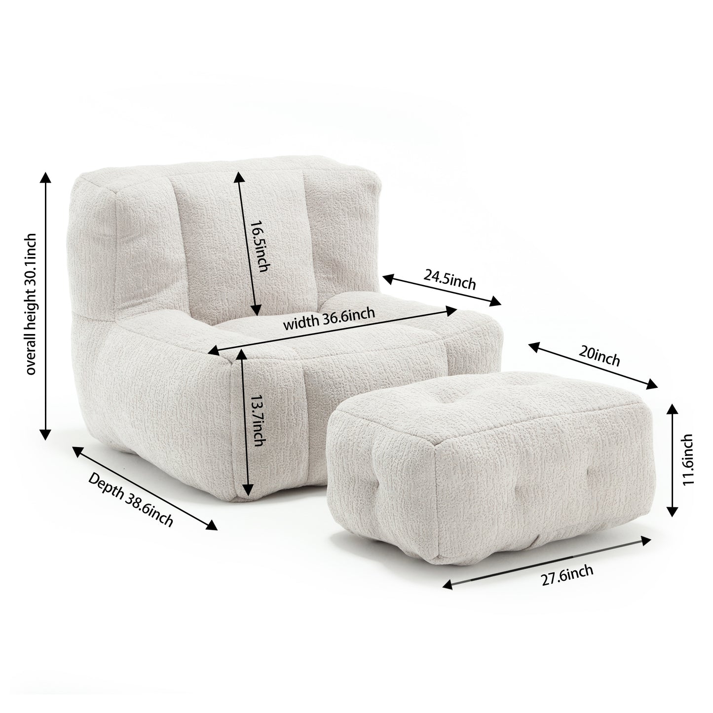 Fluffy bean bag chair, comfortable bean bag for adults and children, super soft lazy sofa chair with memory foam and ottoman, indoor modern focus bean bag chair for living room, bedroom, apartment