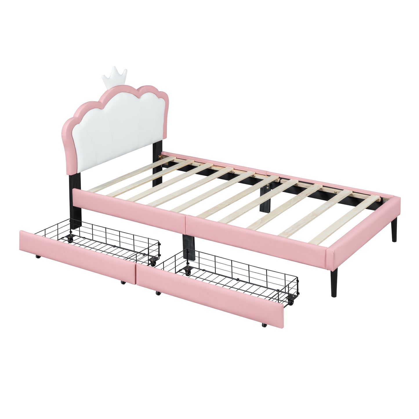 Twin Size Upholstered Princess Bed With Crown Headboard and 2 Drawers,Twin  Size Platform Bed with Headboard and Footboard,White+Pink