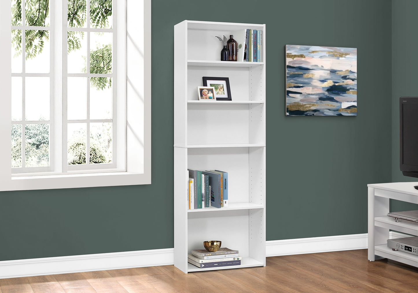 Bookshelf, Bookcase, 6 Tier, 72"h, Office, Bedroom, White Laminate, Transitional
