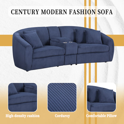 UNITED WE WIN corduroy fabric, two cup holders, storage, oversized two-seat, solid wood frame, high quality sponge filling, curved placement sofa