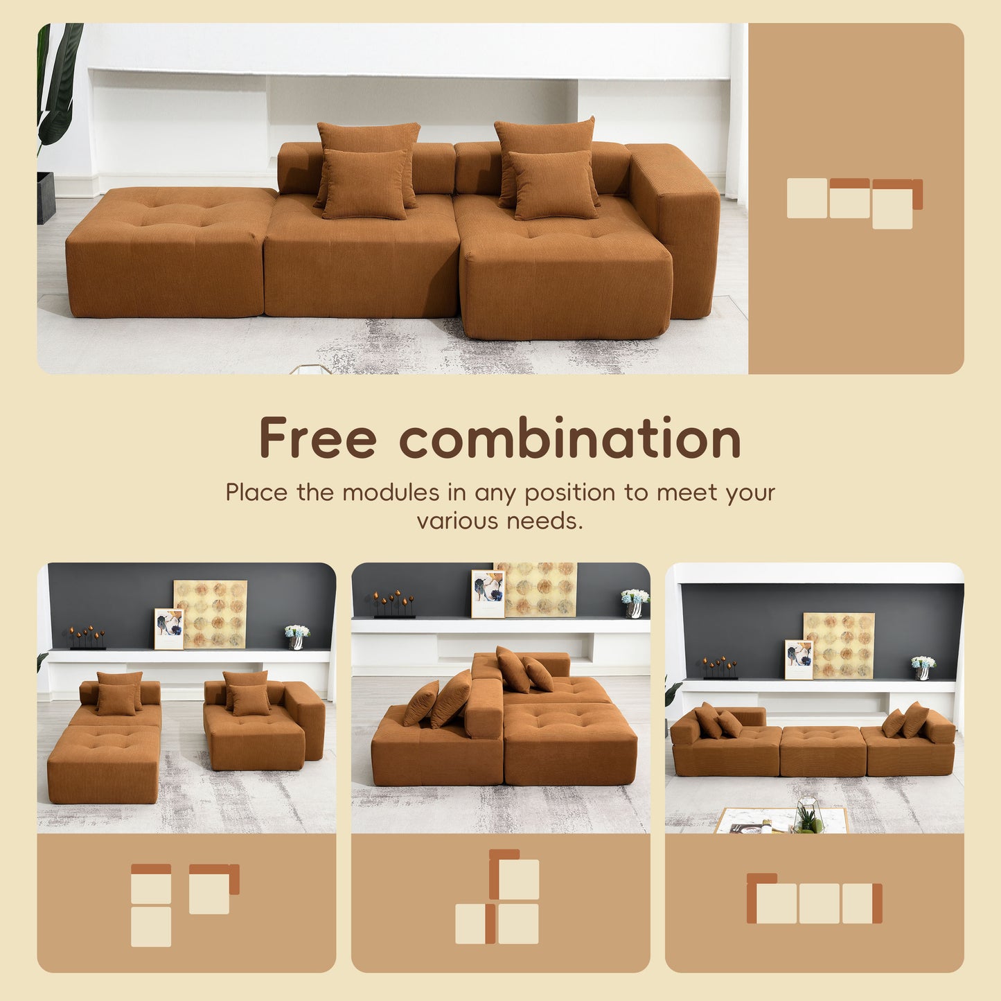 105.5''L Shaped Modular Sectional Sofa,Minimalist Corduroy Floor Couch Set,Convertible Foam-Filled Cloud Compressed Couch for Living Room,3 PC Free Combination,No Assembly Required,3 Colors