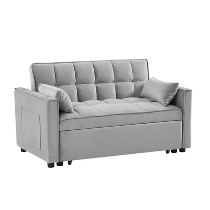 Modern Velvet Loveseat Futon Sofa Couch w/Pullout Bed,Small Love Seat Lounge Sofa w/Reclining Backrest,Toss Pillows, Pockets,Furniture for Living Room,3 in 1 Convertible Sleeper Sofa Bed, Gray