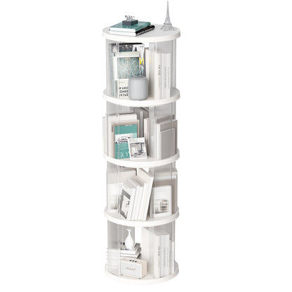 360° Rotating Bookshelf, Small Corner Bookcase with Small Footprint, 4 Tier Floor Standing Bookcasefor Kids&Adults,  Narrow Book Shelf Organizer for Bedroom, Living Room, Round, White