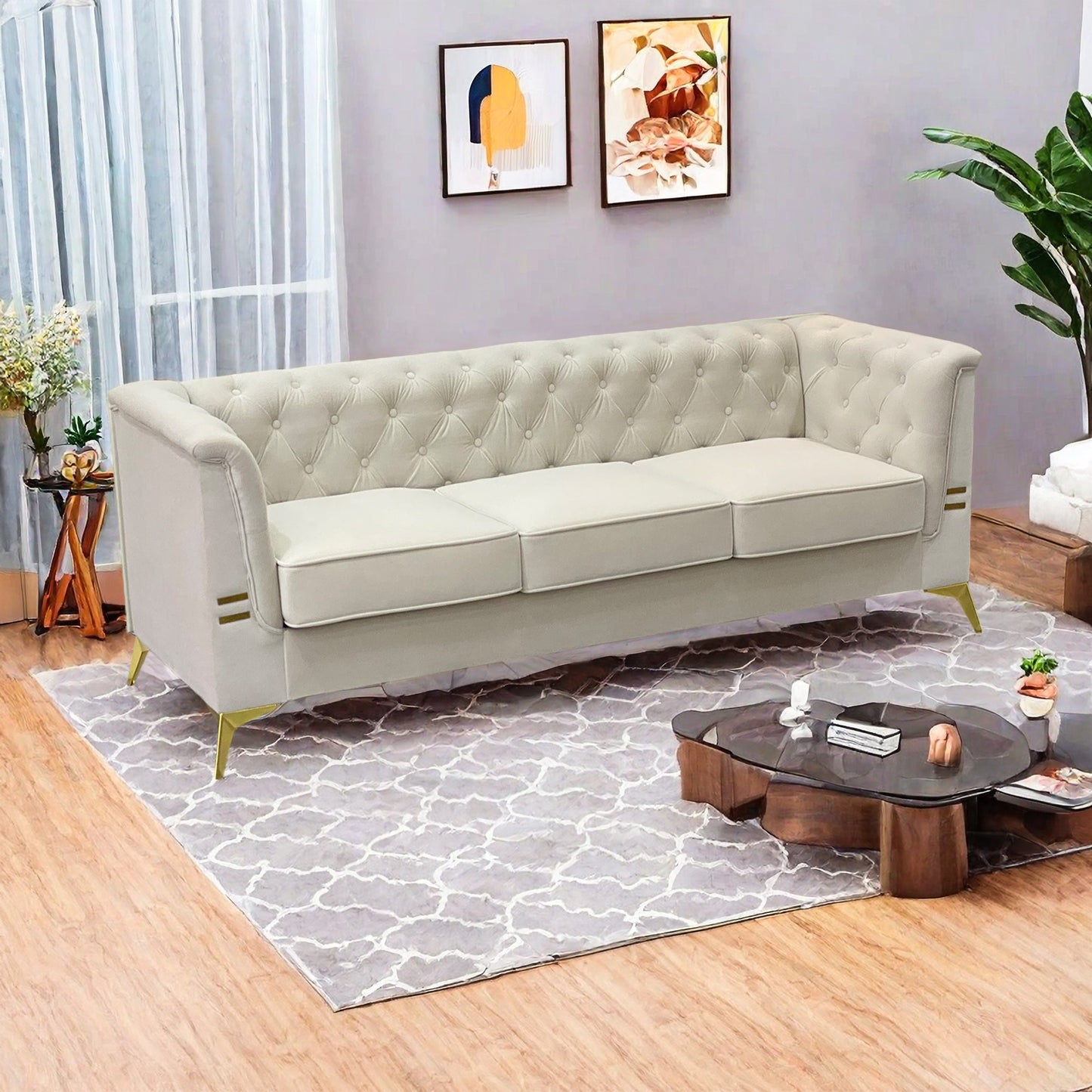 FX-P83-CW (sofa) -Modern Velvet Living Room Chesterfield design 82.7inch Wide Sofa cream white color