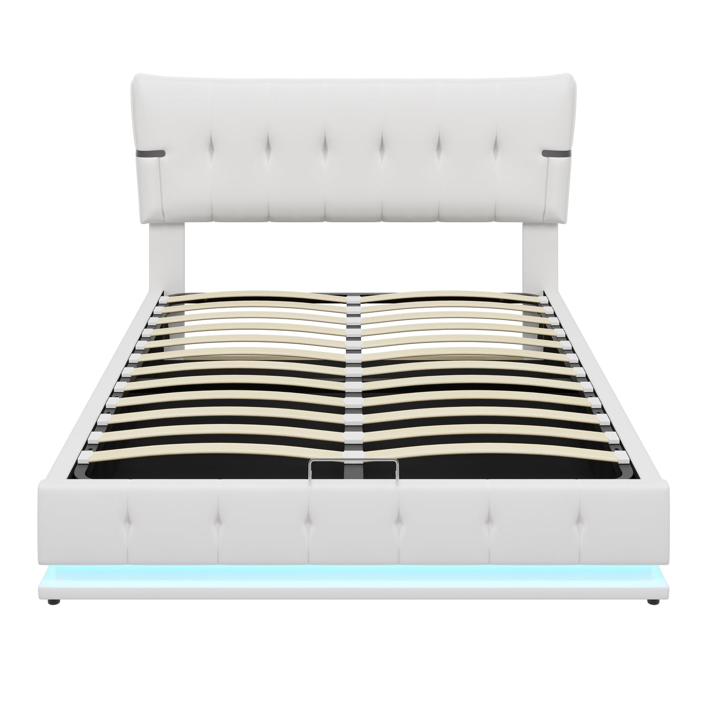 Upholstered Platform Queen Size Hydraulic Storage Bed, Lift Up Storage Bed with RGB LED Light, PU Leather Headboard and Footboard, No Box Spring Needed, White