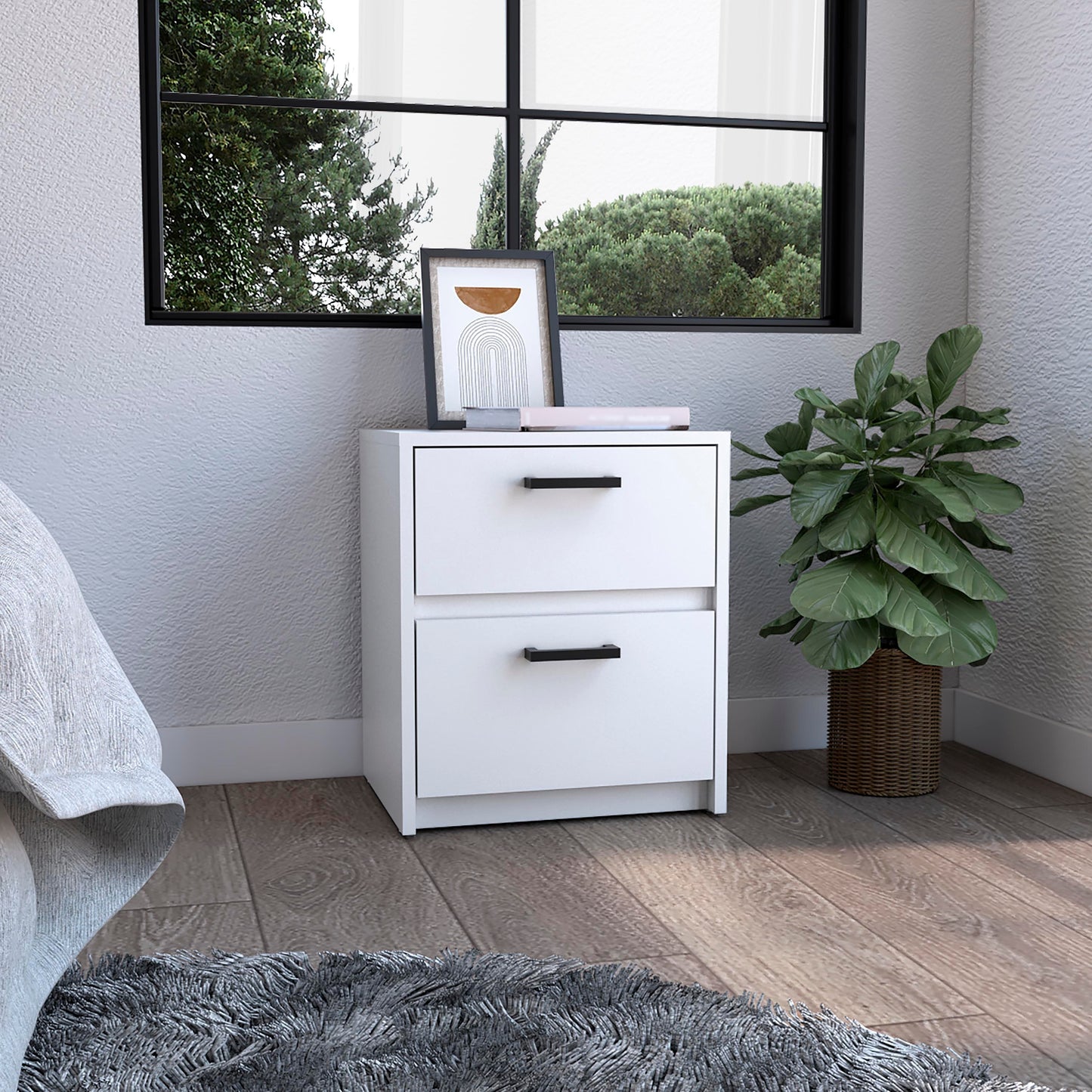 Nightstand 18"H , 2 Drawers with Metal Handles, White