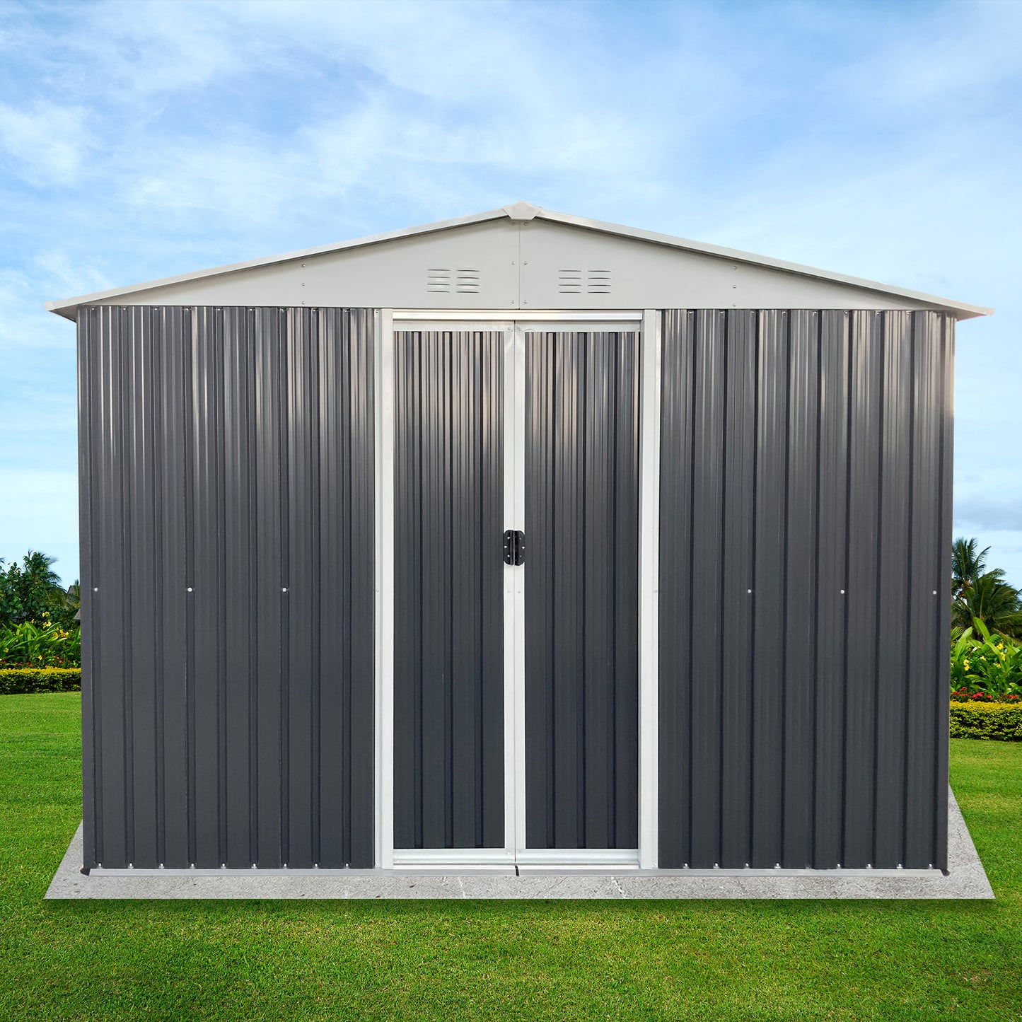 Metal Anti-Corrosion Utility Tool House with Lockable Door, Garden Shed 10FTx8FT Apex Roof Grey With Windows and Aluminum alloy frame