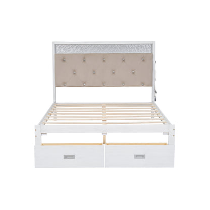 Wood Queen Size Platform Bed with Upholstered Headboard and LED and 2 Drawers, Antique White