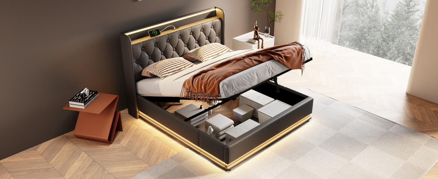 King size Upholstered bed, 360 surround LED function, Buttons/Apps/Remote Control, hydraulic storage bed with USB Type-C charging, Black, PU (Without mattress)