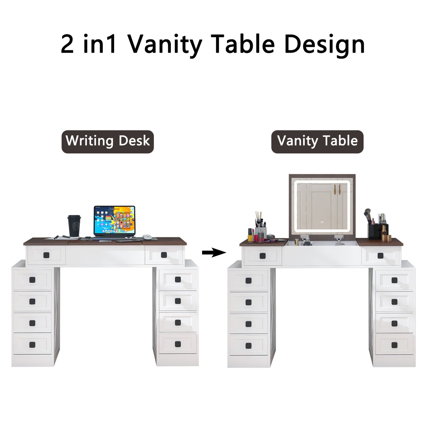 Vanity Desk with Dimmable LED Light with 10 Drawers, Makeup Table with Flip Up Mirror for Space-saving,Large Storage Vanity Table Set with Stool and Drawers, White+Walnut Finish