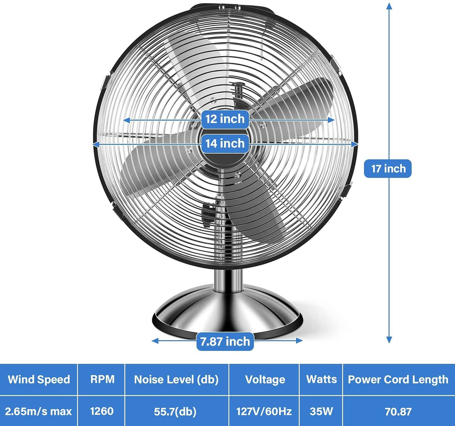 Simple Deluxe 12 Inch Stand Fan, Horizontal Ocillation 75°, 3 Settings Speeds, Low Noise, Quality Made Durable Fan, High Velocity, Heavy Duty Metal For Industrial, Commercial, Residential, Silver