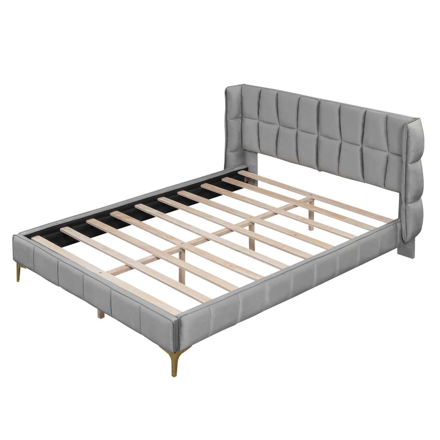 Queen Size Upholstered Velvet Platform Bed, Gray