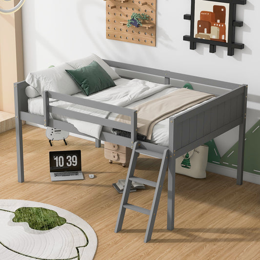 Full Size Wood Low Loft Bed with Ladder, ladder can be placed on the left or right, Gray (Old SKU:GX000366AAE)