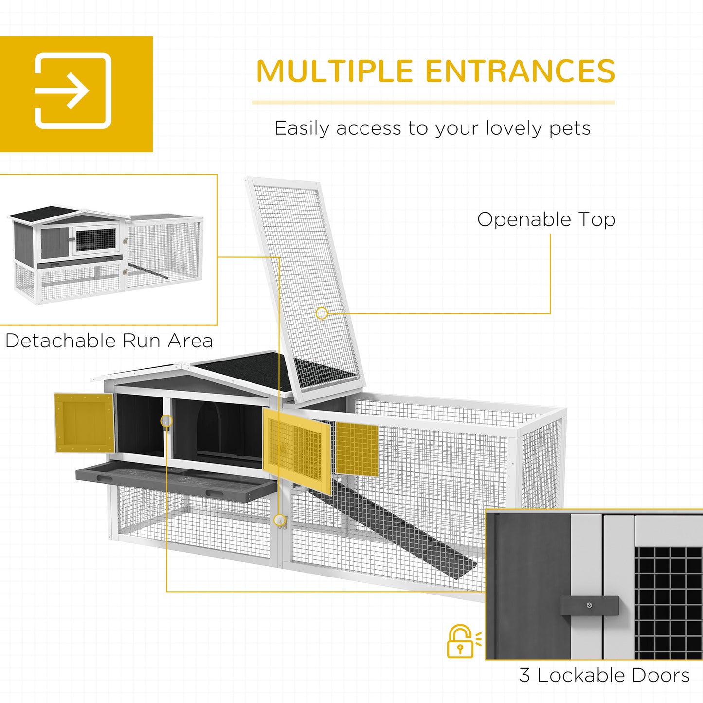 PawHut Rabbit Hutch 2-Story Bunny Cage Small Animal House with Slide Out Tray, Detachable Run, for Indoor Outdoor, 61.5" x 23" x 27", Light Gray